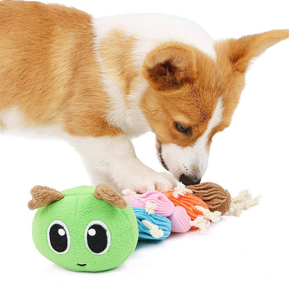 Chien qui joue avec un jouet de fouille en forme de chenille