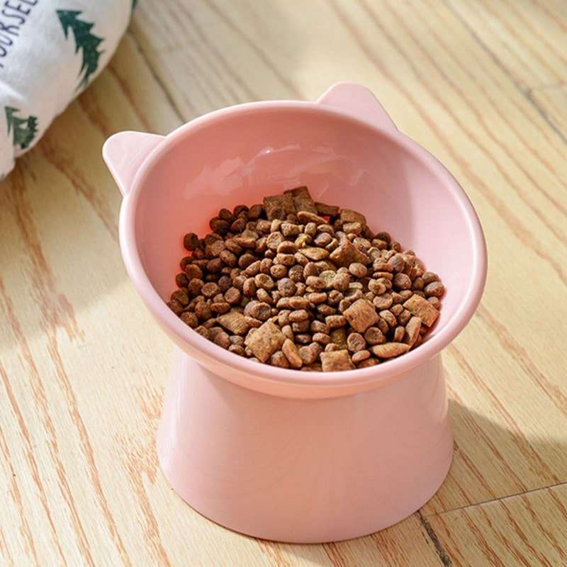 Bol surélevé rose pour chat avec des croquettes 