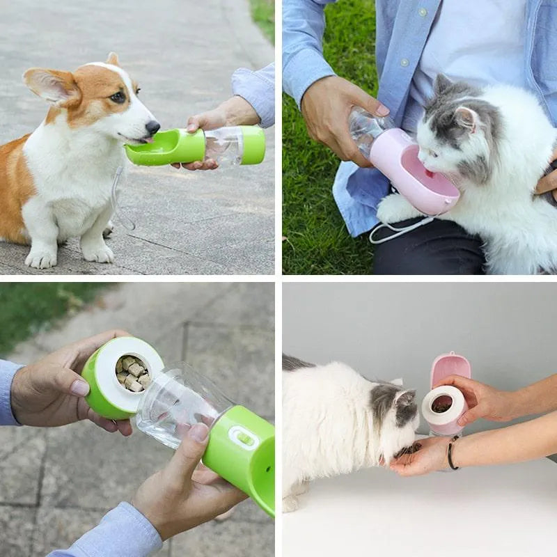 Chien et chat utilisant la gourde 3-en-1 pour chien et chat