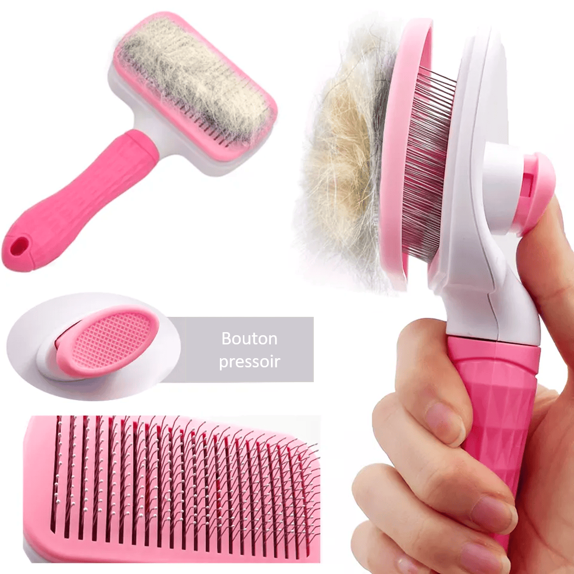 Présentation brosse pour chien et chat avec poussoir