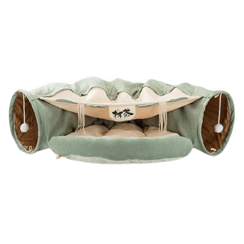 Lit pliable vert avec tunnel pour chat