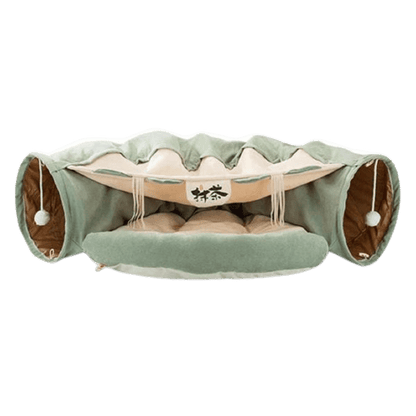 Lit pliable vert avec tunnel pour chat
