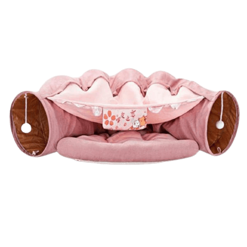Lit pliable rose avec tunnel pour chat