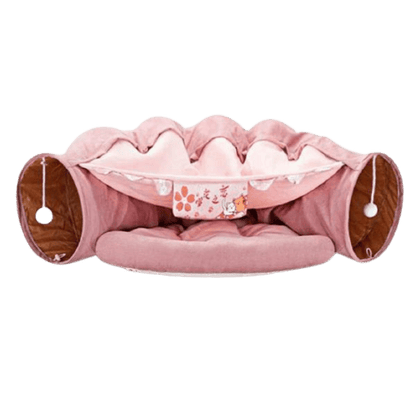 Lit pliable rose avec tunnel pour chat