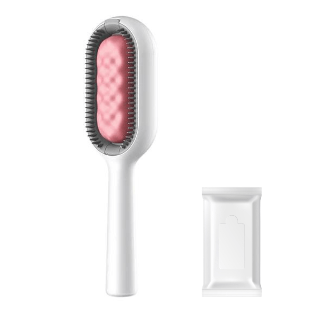 Brosse de toilettage rose double face avec lingettes pour animaux de compagnie