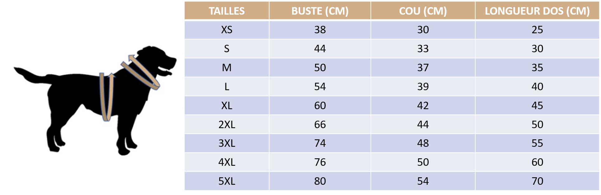 Guide des tailles de notre imperméable réversible pour chien