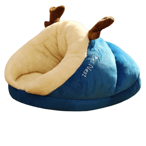 Couchage bleu en forme de pantoufle pour chien et chat