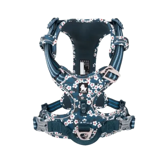 Harnais anti traction bleu avec des fleurs blanches pour chien - Edition Floral