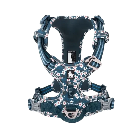 Harnais anti traction bleu avec des fleurs blanches pour chien - Edition Floral