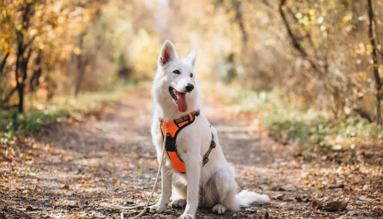 chien dans la forêt avec notre harnais anti traction