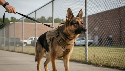 chien de garde promené avec notre harnais tactique