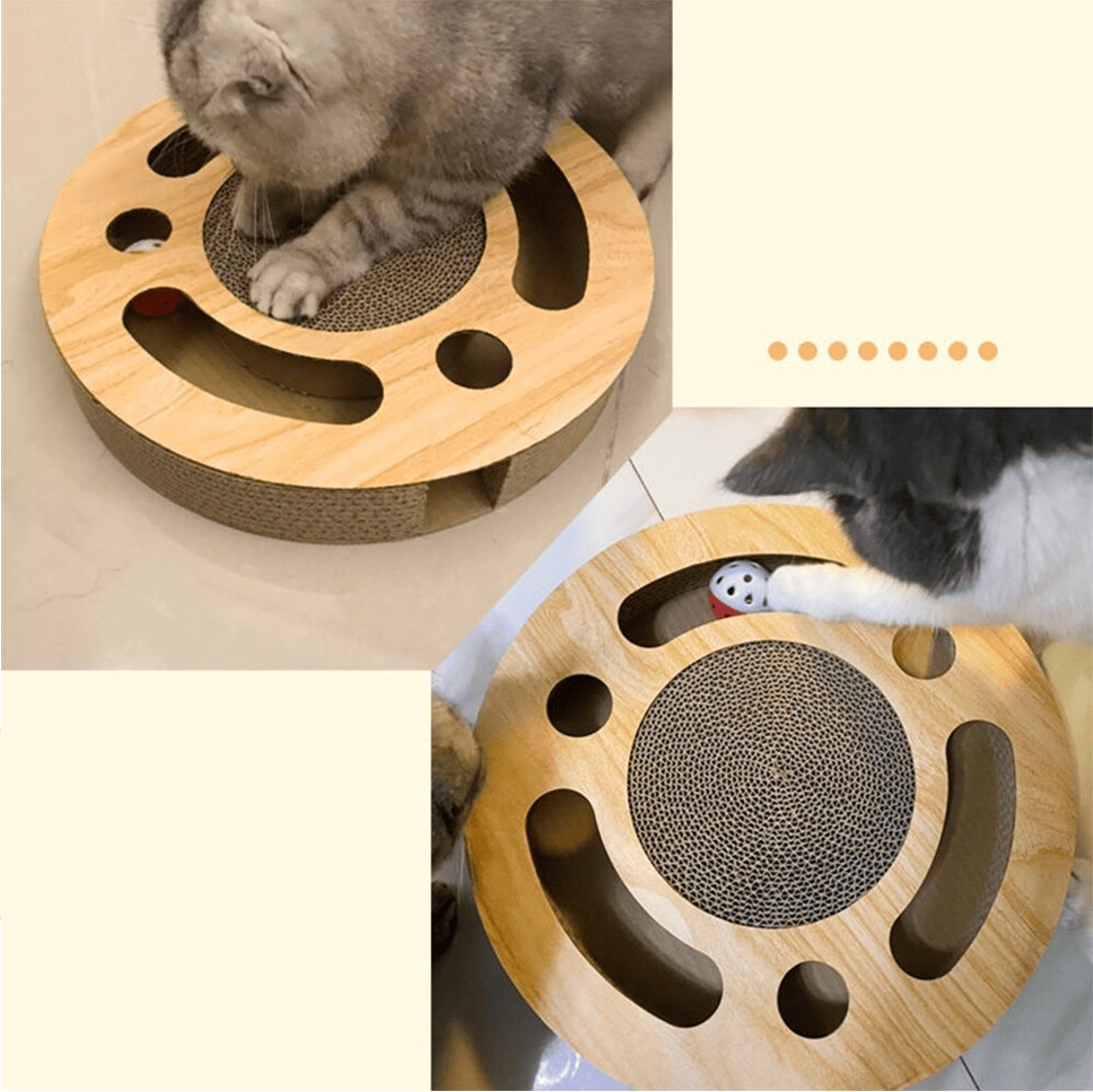 Démonstration Planche à gratter pour chat avec tunnel pour petites balles