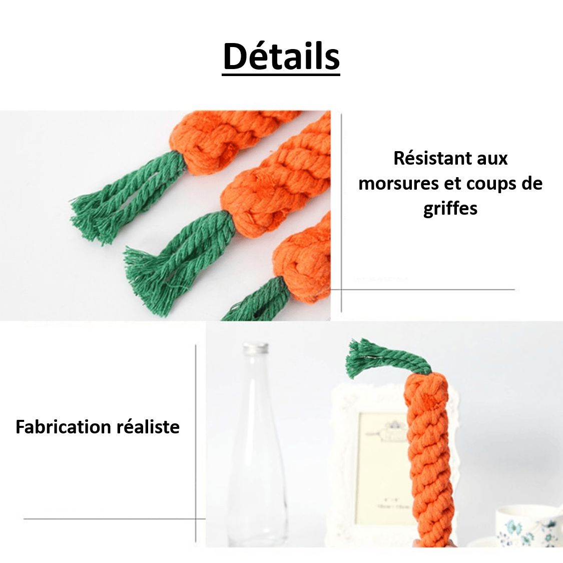 Détails du jouet corde en forme de carotte pour chien