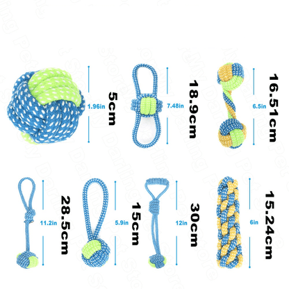 Dimensions des 7 cordes bleues à mâcher pour chien