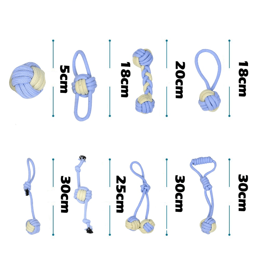 Dimensions des 8 cordes bleues à mâcher pour chien
