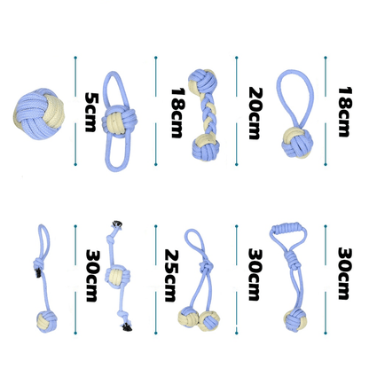 Dimensions des 8 cordes bleues à mâcher pour chien