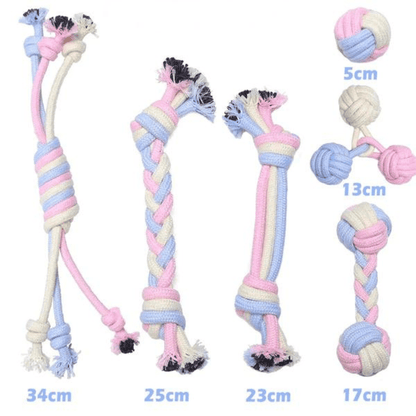 Dimensions de notre lot de 6 cordes à mâcher pour chien - édition Guimauve