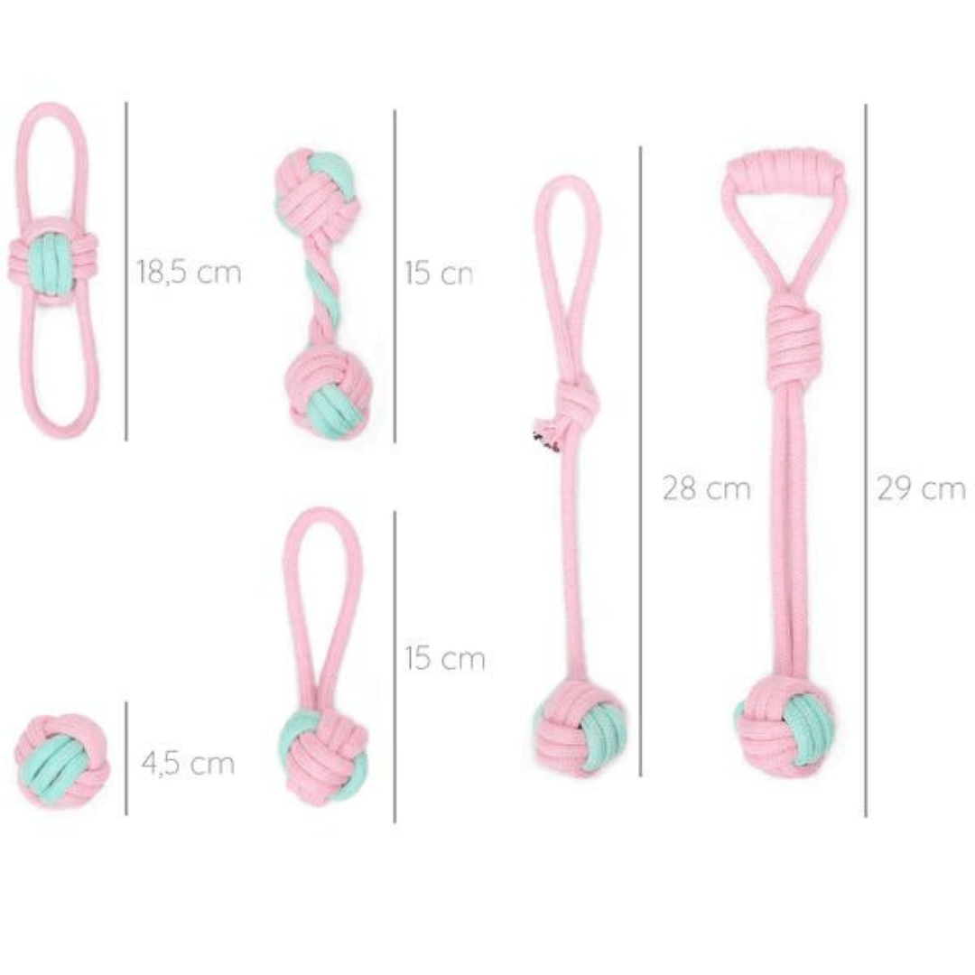 Dimensions de notre lot de 6 cordes roses à mâcher pour chien