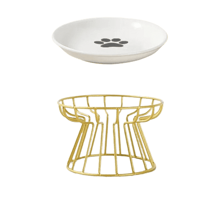 Gamelle surélevée en métal doré pour chat avec un logo patte