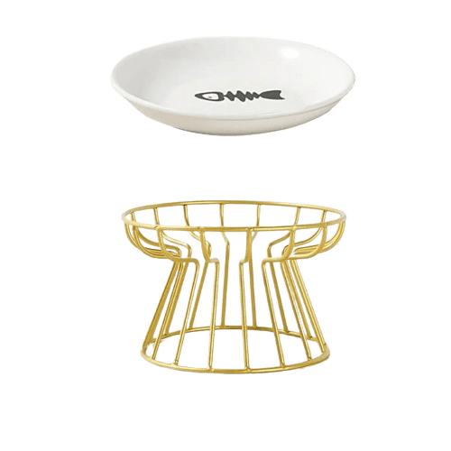 Gamelle surélevée en métal doré pour chat avec un logo poisson