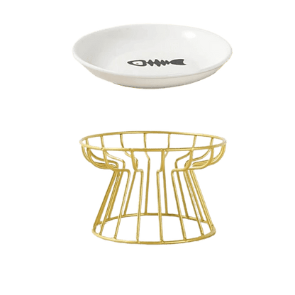 Gamelle surélevée en métal doré pour chat avec un logo poisson