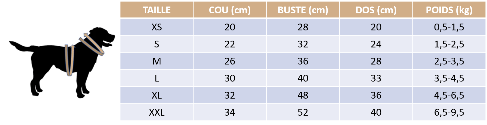 Guide des tailles de notre doudoune pour chien