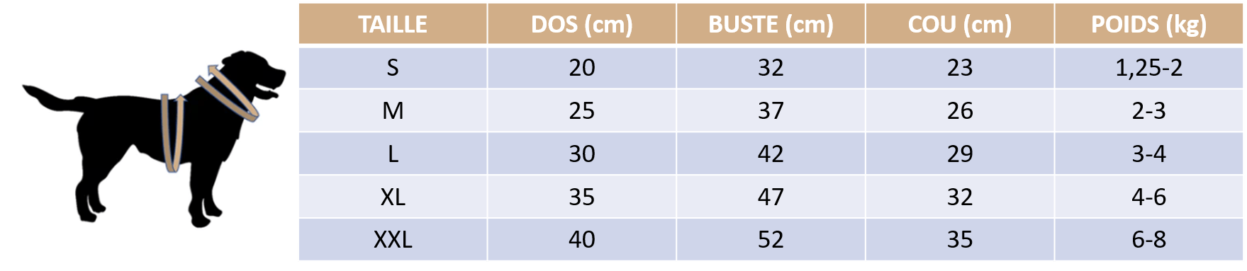 Guide des tailles du pull ourson pour chien
