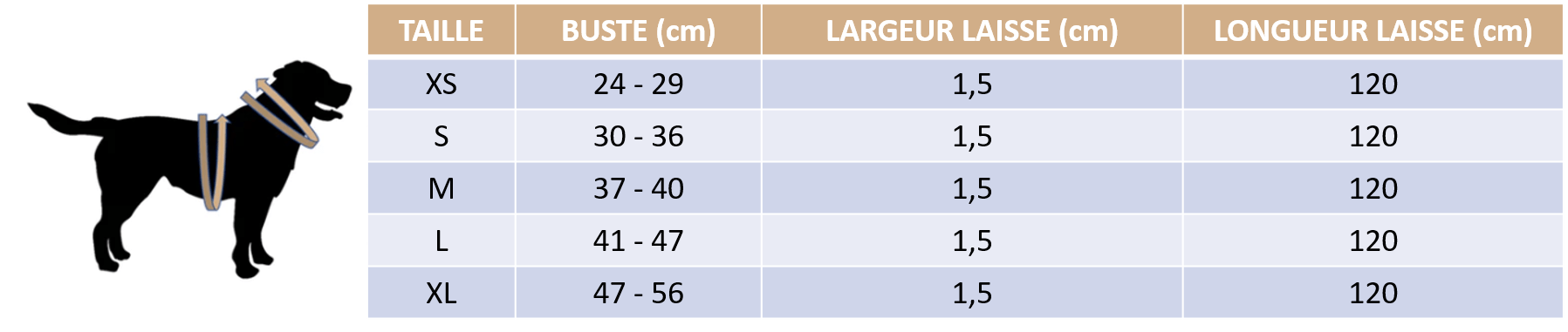 Guide des tailles de notre harnais réfléchissant pour chat et petit chien