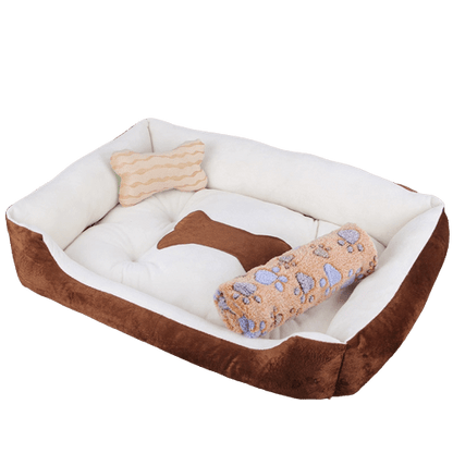 Lit coussin moelleux avec rebords pour chiens et chats - gamme marron avec plaid