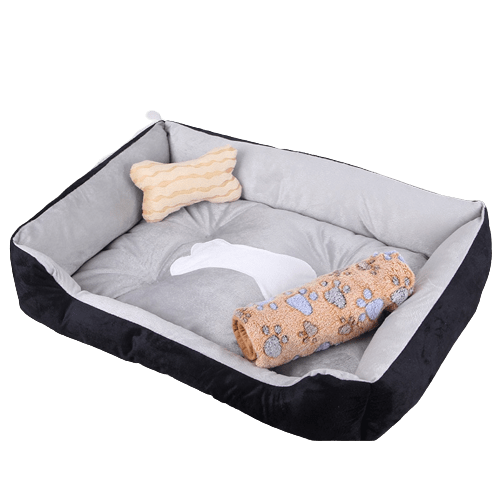 Lit coussin moelleux avec rebords pour chiens et chats - gamme noir avec plaid