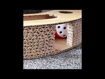 Présentation de la planche à gratter pour chat avec tunnel intégré pour petites balles