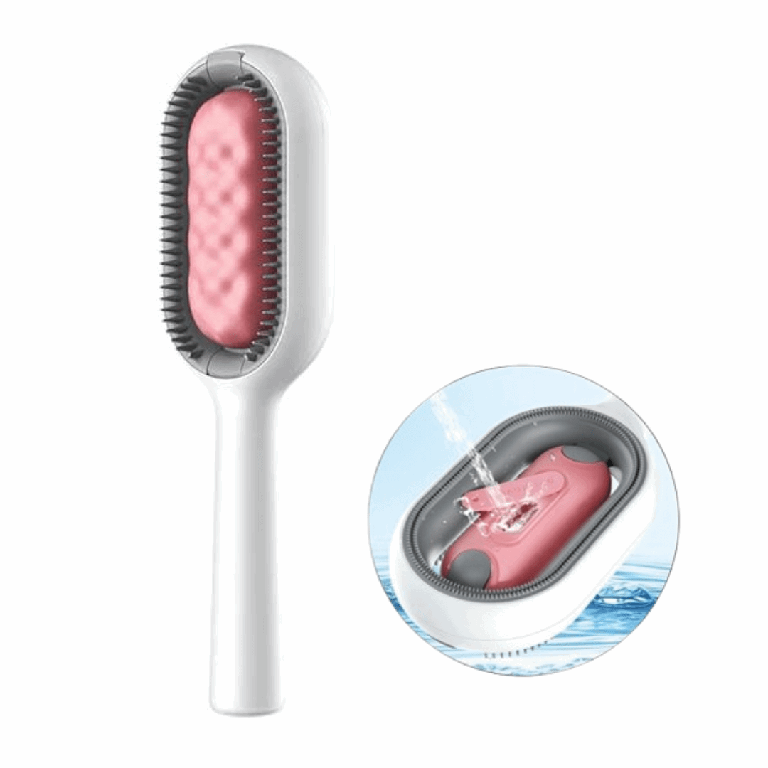 Brosse de toilettage rose double face avec réservoir pour animaux de compagnie