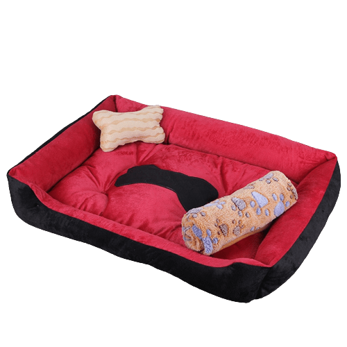 Lit coussin moelleux avec rebords pour chiens et chats - gamme rouge avec plaid
