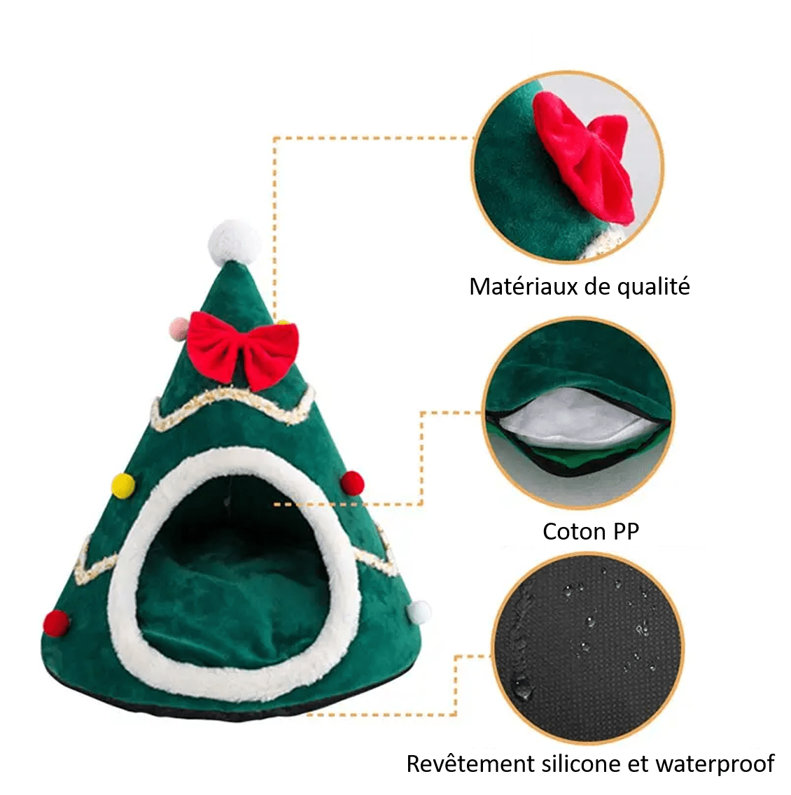 Détails de notre couchage lit sapin de Noël pour chat