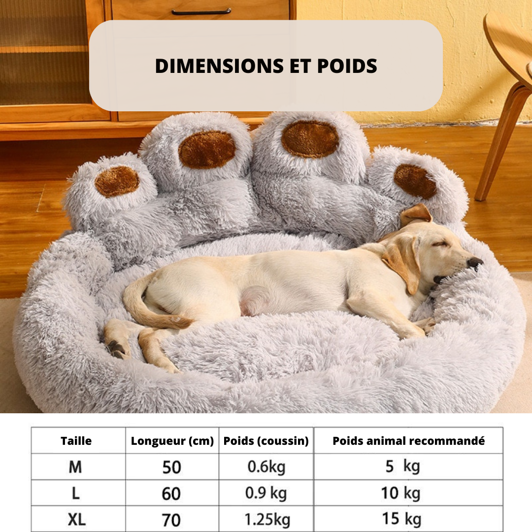 Dimensions coussin pour chien en forme de patte d'ours