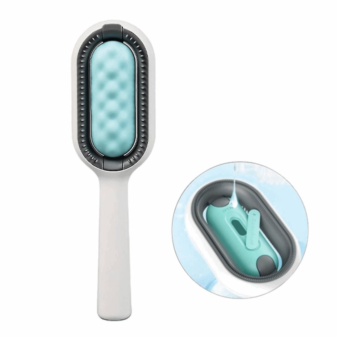 Brosse de toilettage verte double face avec réservoir pour animaux de compagnie