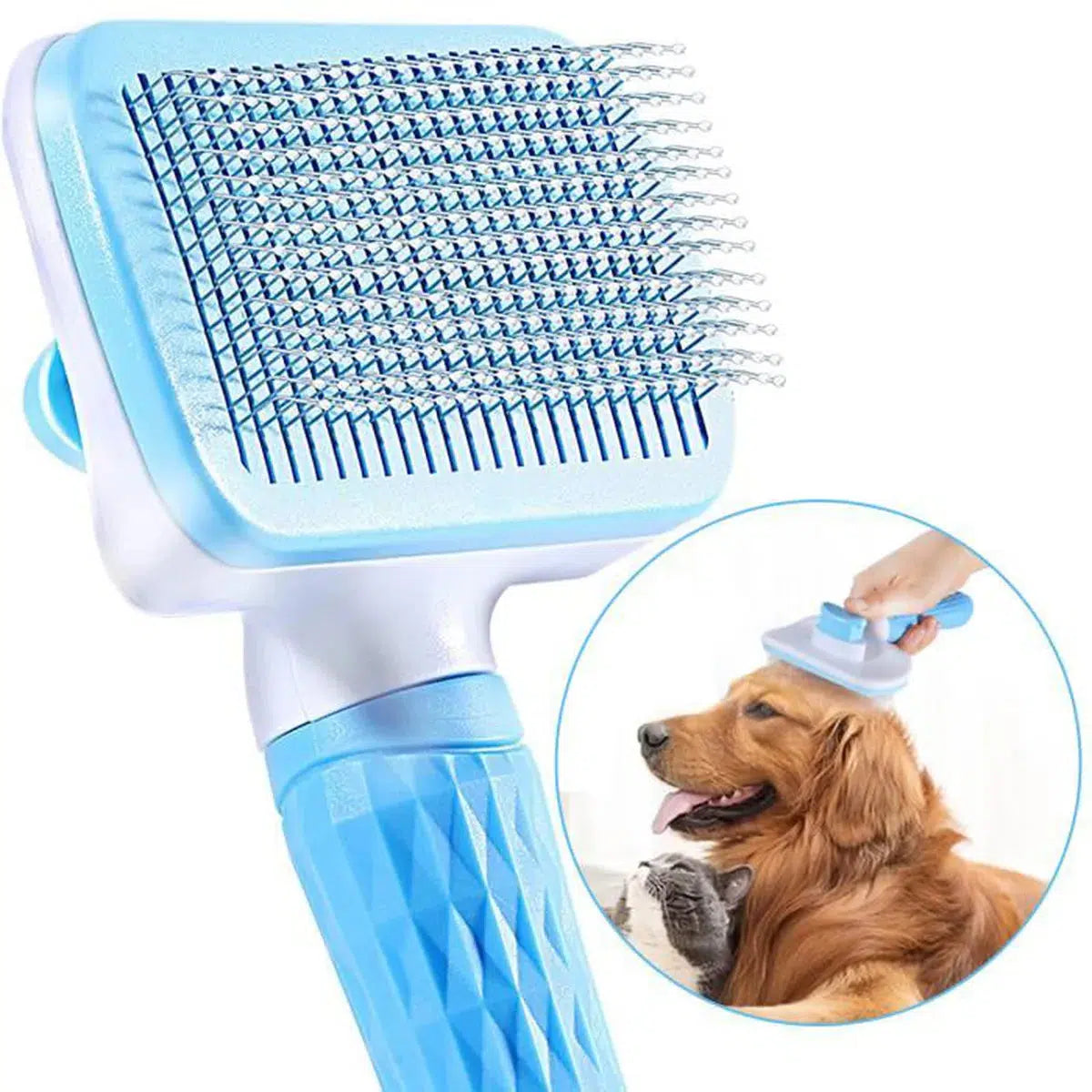 Brosse bleue avec poussoir pour chien et chat